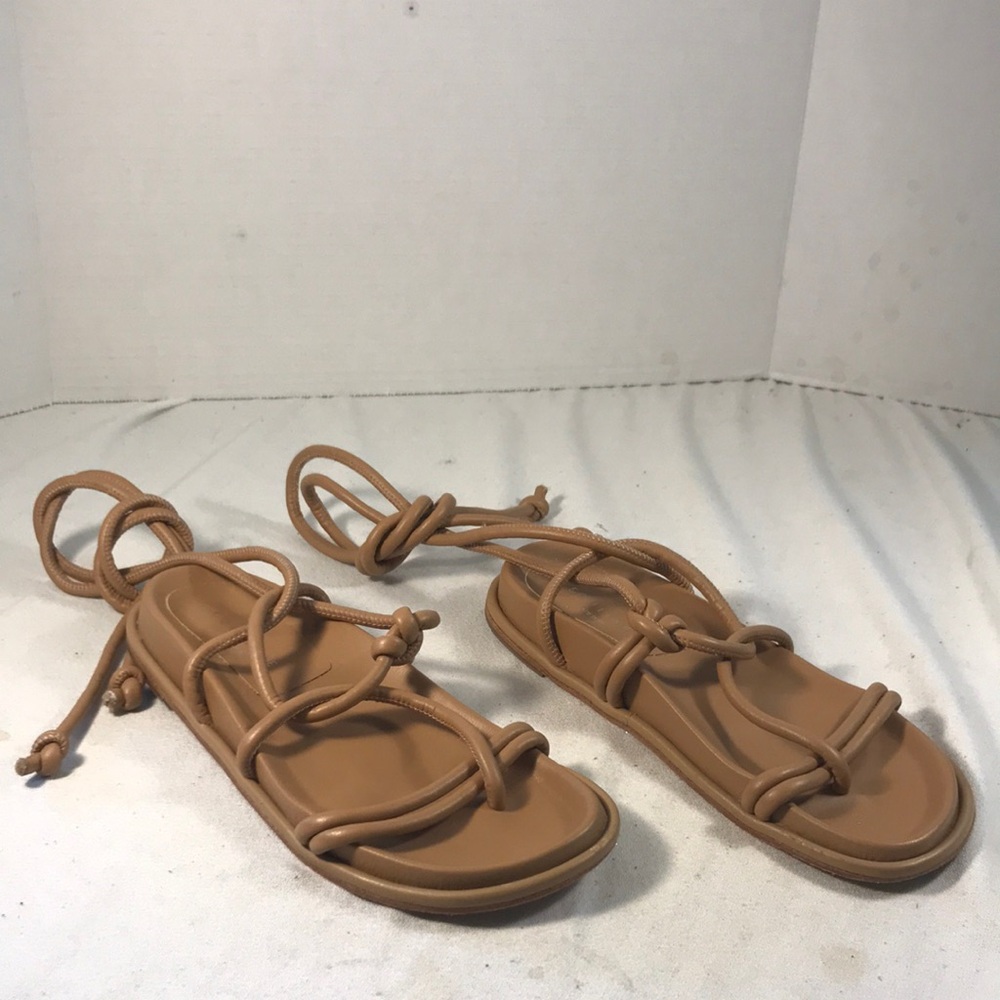 Equitare Women's  Nude/Tan Leather Thong Flip Flop Wrap Lace Up Flat Sandals
